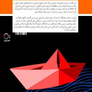 هنر مديريت منابع انسانی: خلق شیوه‌های مدیریتی که واقعاً کارآمد هستند این کتاب در مورد تجربیات ملموس یک مدیر منابع انسانی در شرکت‌های متعدد، قبل و بعد از دوران کرونا است و مطالعۀ آن برای مدیران عامل، مدیران منابع انسانی و کسانی که علاقه‌مند هستند روزی در موقعیت یک مدیر قرار گیرند از مدیران ارشد تا کسانی که قرار است در آینده سرپرست شوند، بسیار مفید خواهد بود. یکی از پاسخ‌دهندگان، استاد دانشگاه تکنیون بود. او در آن زمان مشاور سازمانی بود که در آنجا کار می‌کردم. او به من گفت: «آنچه واقعاً در اینجا منحصربه‌فرد است، این است که تو مسیر را برعکس طی کرده‌ای. ابتدا در میدان عمل بوده‌ای و سپس مقاله‌ نوشته‌ای. در دانشگاه، معمولاً ابتدا یک نظریه ارائه می‌کنیم و سپس سعی می‌کنیم آن را اجرا کنیم. این ترتیب کار باعث می‌شود دیدگاه شما قابل‌اجراتر و عملی‌تر باشد.»